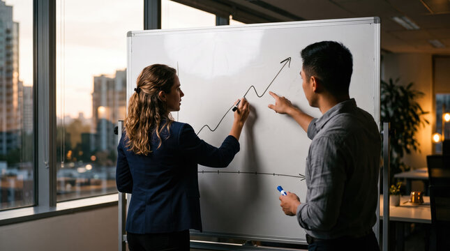 Two business colleagues collaborating on a rising growth chart on a whiteboard in an office
