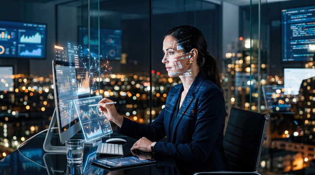 Businesswoman analyzing digital data on a transparent screen in a modern glass office at night
