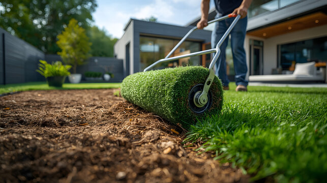 Laying New Sod: A person is using a lawn roller to smooth freshly laid sod in a backyard, preparing a green lawn for a home.