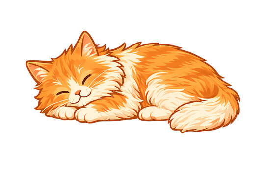 Sleeping fluffy orange and white cat vector illustration. Cute cartoon longhair kitten resting isolated on transparent background.