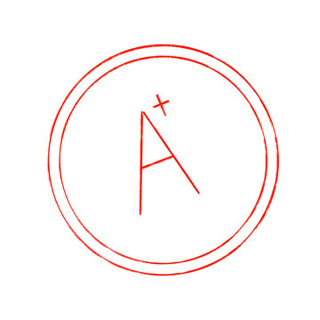 Red Hand drawn At grade mark representing excellent exam results, academic achievement, high test score, high performance, outstanding evaluation. Isolated on a clean white background, 