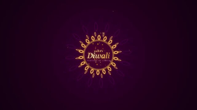 Happy diwali festival of lights motion graphic with animated golden diya lamps and purple background.