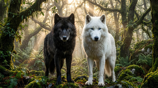 Black and white wolves standing together in a deep green forest