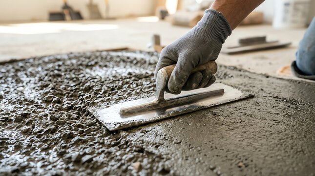 Construction worker smoothing fresh concrete screed floor with a steel trowel at home renovation site