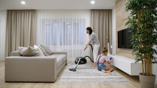 Preteen Daughter and mother cleaning their home's living room, slow motion