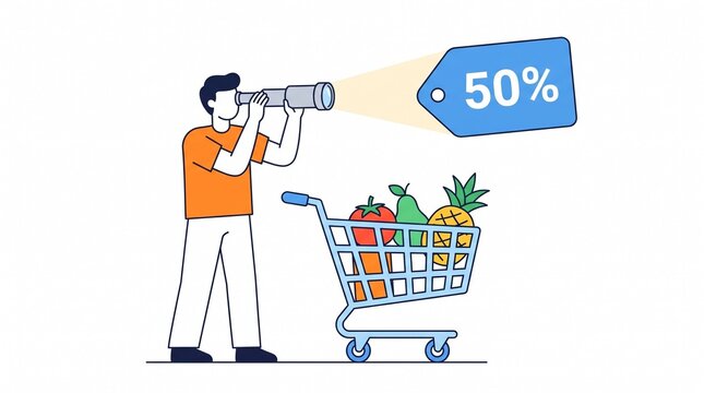 Shopper searching for grocery discounts with telescope and full cart of fresh produce items with stylized illustration person using telescope discover