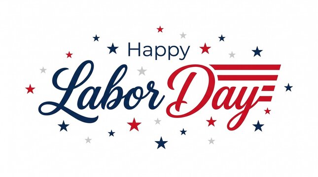 Decorative happy labor day typography greeting design featuring red blue stars isolated against plain white background
