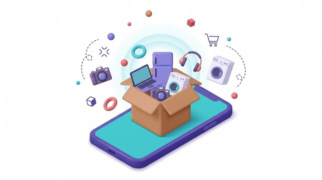 3d digital shopping concept featuring household appliances emerging from cardboard box on smartphone screen surface with illustration diverse household