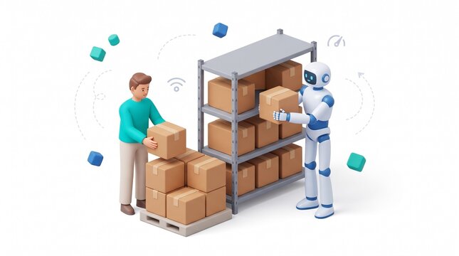 Human collaboration with autonomous robot organizing cardboard storage boxes in modern warehouse logistics automation concept with collaborating organize cardboard