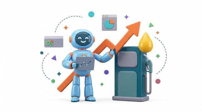 Smiling robotic assistant monitoring rising fuel market trends with digital analytics with friendly blue robot standing beside fuel pump, artificial intelligence