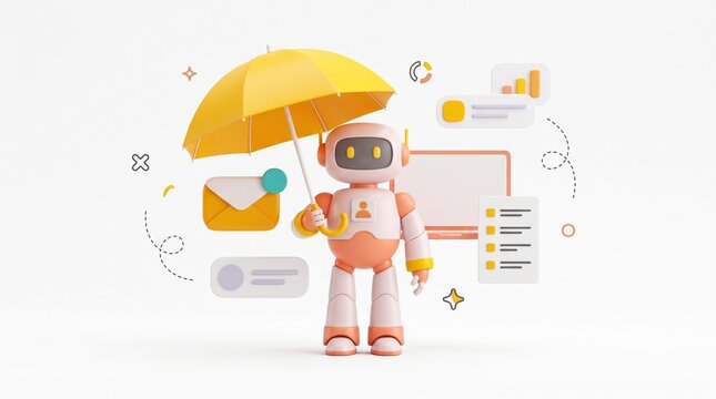 Cute robotic assistant holding yellow umbrella protecting digital data surrounded by floating business icons with list icons clean white background