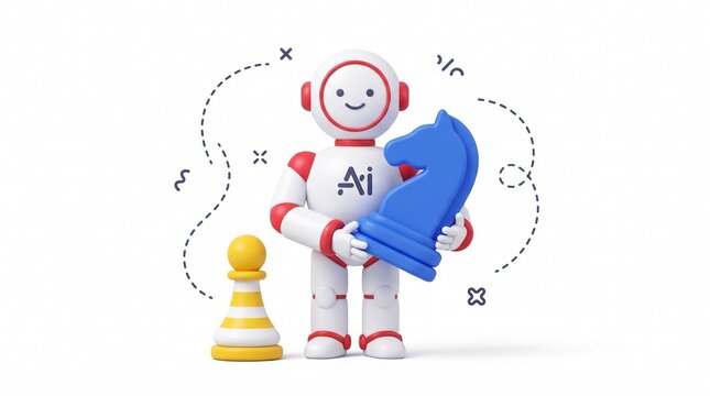 Friendly white robot holding blue chess knight figure beside yellow pawn strategy concept design with character holding large clean white background