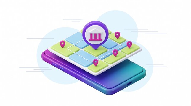 Digital smartphone navigation interface featuring stylized city map blocks and bank location pin icons with representation smartphone with smartphone