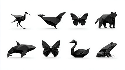 Set of black low poly origami animal figures including bird butterfly whale frog and swan on white background