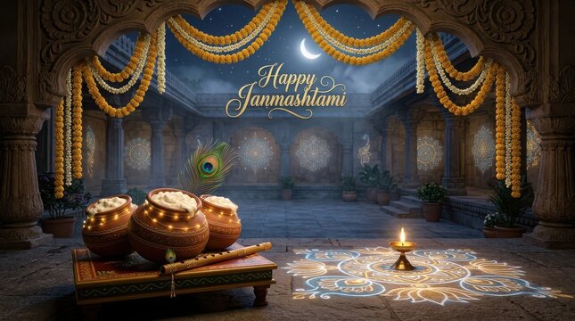 Happy Janmashtami greeting with traditional Indian pots, peacock feather and flute on ornate courtyard background with starry sky.
