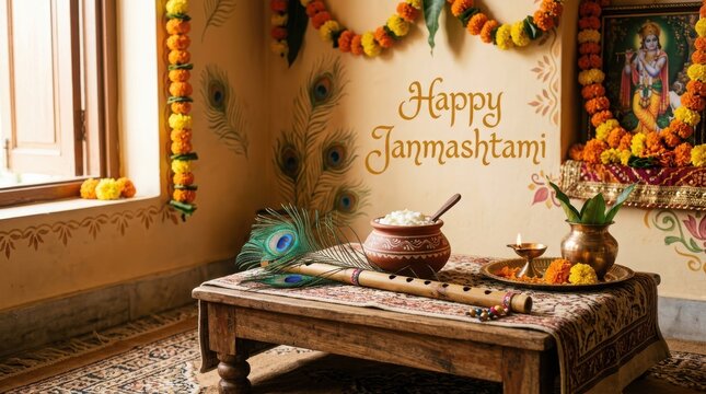 Krishna janmashtami festive interior features peacock feathers flute and dahi handi pot on wooden table with marigolds.