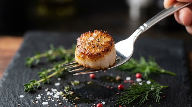 Close up of a delicious perfectly seared scallop on a silver fork held by a hand served on a rustic black stone slate board with fresh herb garnish