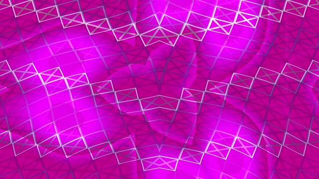 Vibrant magenta neon geometric grid with glowing zigzag lines, triangular patterns and layered shapes creates an energetic futuristic background.