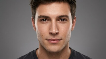 Fototapeta premium Close Up Portrait Of A Handsome Young Man With Brown Hair Looking At Camera Against Neutral Gray Studio Background Professional Male Facial Expression