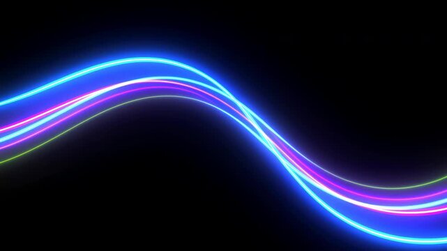 Sinuous neon light ribbons tracing curved diagonal paths across deep black background with cyan, magenta, electric blue, teal, and green glow, sleek futuristic abstract composition
