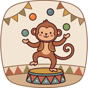 Circus Monkey Juggling Fun: A cute cartoon monkey in a performer's vest stands on a circus stage, enthusiastically juggling colorful balls under a festive banner.