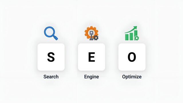 Seo search engine optimize concept with icons and text isolated on white background