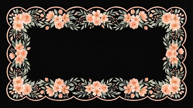 Watercolor pink floral border growing on black background.