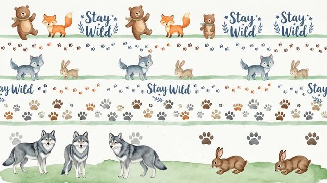 Seamless watercolor pattern featuring cute woodland animals and wild typography.