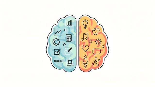 Human brain left and right hemisphere concept with icons