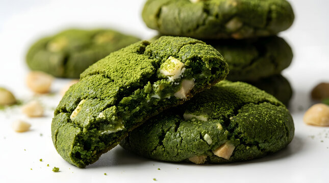 Two matcha crinkle cookies filled with white chocolate chunks and macadamia nuts are stacked with one broken in half.