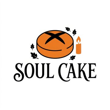 Soul cake logo design with a traditional bread bun, a candle, and autumn leaves, isolated on white background