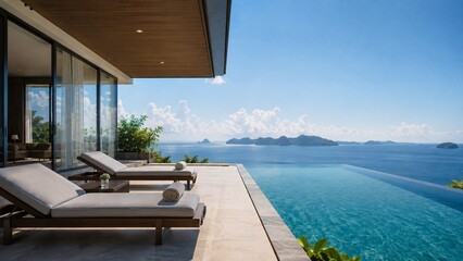 Fototapeta premium Luxury Villa with Infinity Pool Overlooking Tropical Islands and Ocean Vista