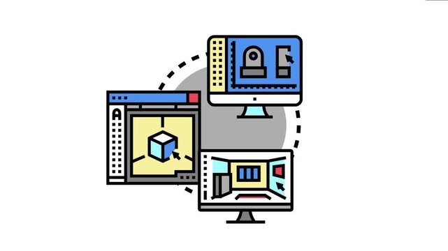 Three computer screens displaying different stages of 3d design, including mechanical drafting, object modeling, and interior architectural rendering