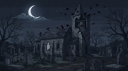 Fototapeta premium Spooky abandoned church in graveyard at night with crescent moon