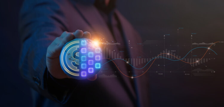 Businessman hand supporting glowing dollar coin split with digital blockchain matrix squares overlay. Mobile digital currency transaction processing and financial asset conversion concept.