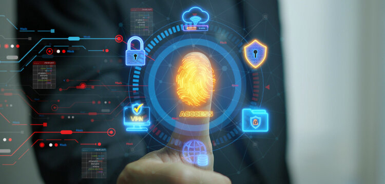 Businessman finger touching glowing biometric fingerprint identity scan icon protected by security shield and padlock nodes. Biometric authentication scan and encrypted data protection concept.