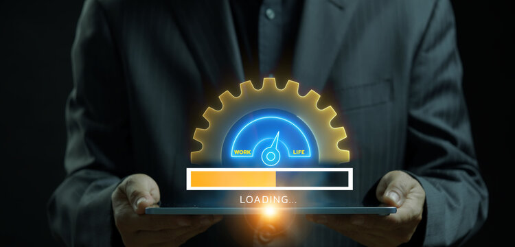 Businessman holding tablet computer supporting glowing dashboard balance gauge with Work and Life text icons. Corporate Work Life Balance optimization and professional employee wellness concept.