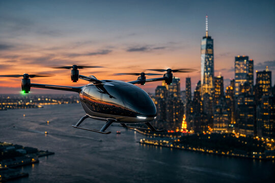 Futuristic electric air taxi flying near the illuminated Manhattan skyline at dusk