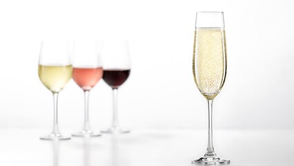 Fototapeta premium Three wine glasses with red, white and rosé wine and champagne glass on white background