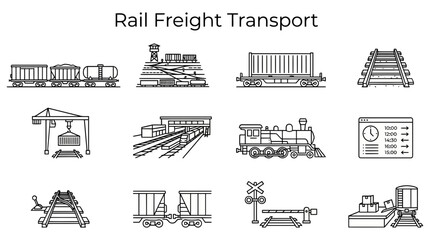 Fototapeta premium A grid of twelve black and white lineart icons depicting components and infrastructure of rail freight transport