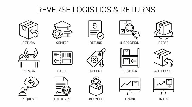 Fifteen blackandwhite outline icons depicting reverse logistics and returns arranged in a grid with text labels