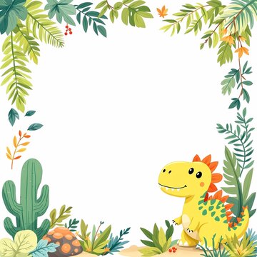 Cute cartoon yellow dinosaur frame with tropical jungle plant border