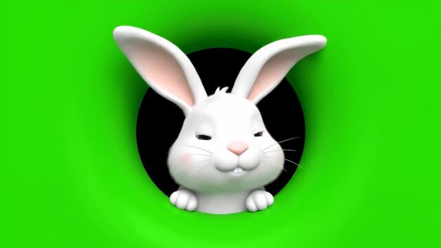 Adorable White Bunny Peeking Through Green Hole with Closed Eyes, Cute Easter Character Illustration for Spring Holiday Marketing