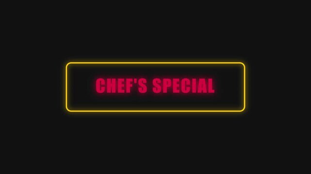 Chef's special neon sign animation, glowing restaurant menu board for culinary promotion and food marketing 4k