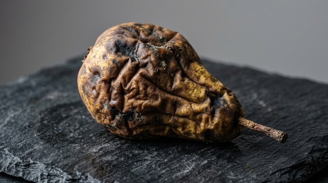 A single shriveled brown rotten pear sits on a textured dark black slate surface showing decay and organic decomposition as a concept of food waste