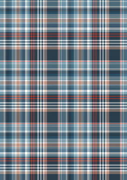 Classic slate blue, peach orange, white, and dark blue plaid checkered tartan pattern seamless vector background.