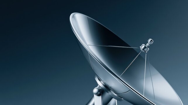 A modern satellite dish gleams under a blue, futuristic lighting, symbolizing communication and technology