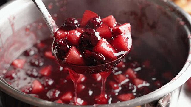 Freshly cooked berry compote in a metal pot with a spoon.