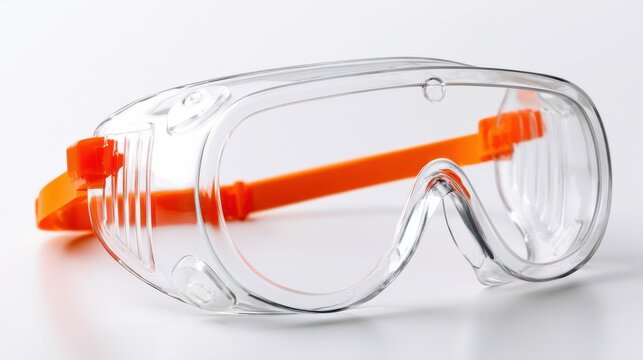 Safety goggles with clear lenses and an orange strap, ready for protection