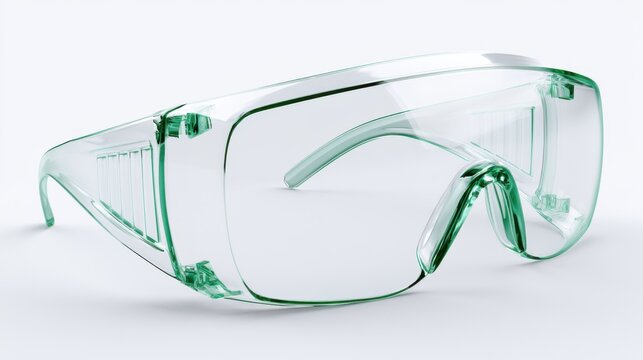 Clear safety glasses with green frames, designed for eye protection in various environments. The glasses have a wrap-around design for a secure fit and are transparent for unobstructed vision